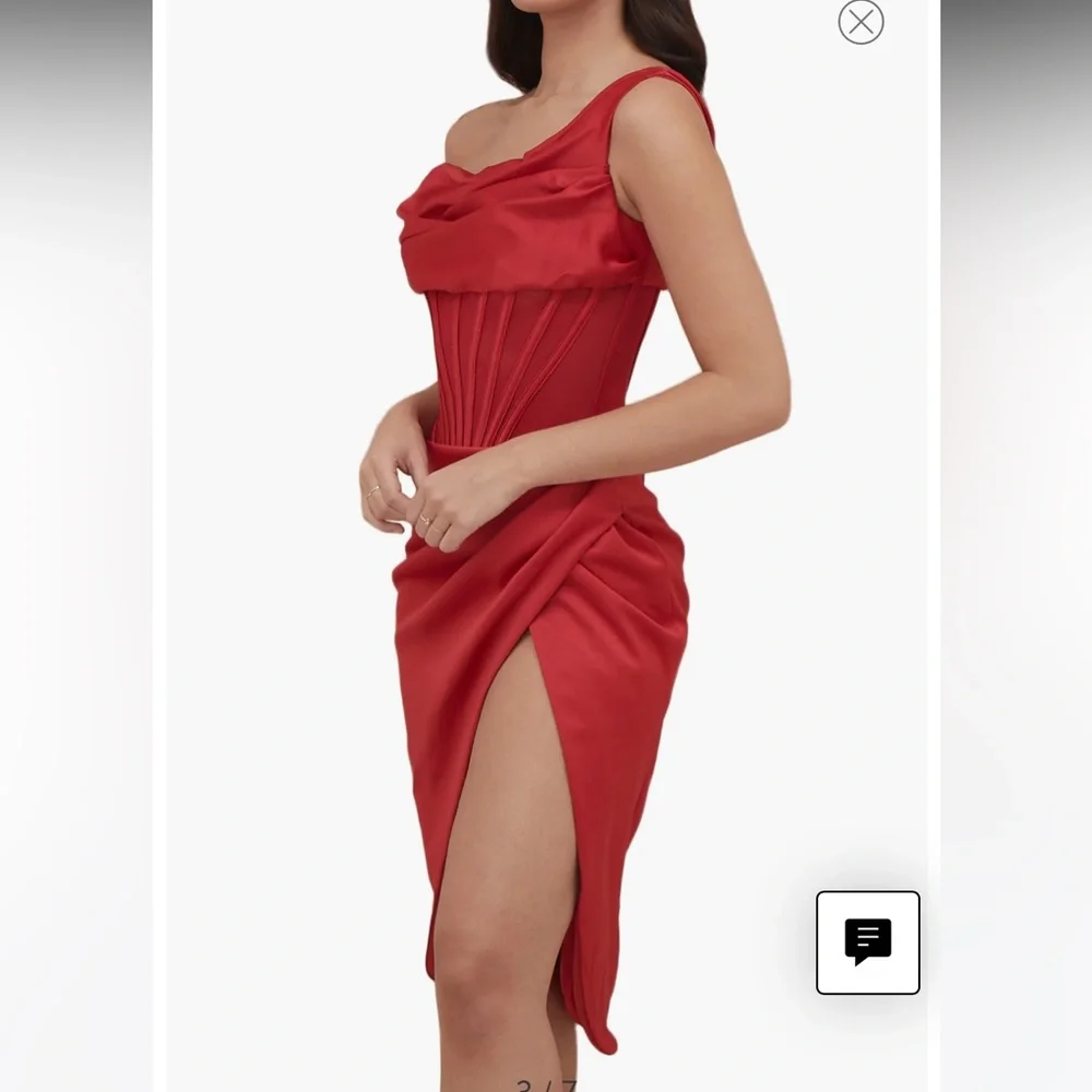 House of CB Lulu red dress- Red asymmetric draped corset midi satin dress - Picture 12 of 14